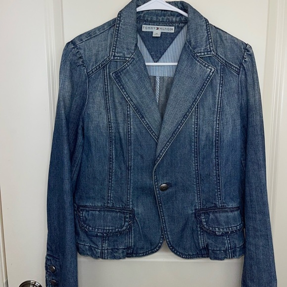 Tommy Hilfiger Vintage Denim Jacket Cropped Scalloped Puff Sleeve M - Picture 3 of 15